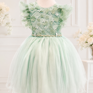 Vestido Infantil Verde menta pastel con Flores 3D
