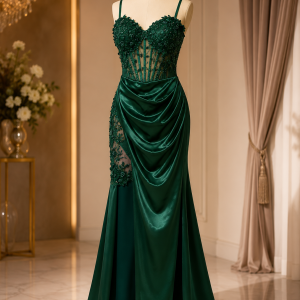Vestido largo de gala en tono verde esmeralda