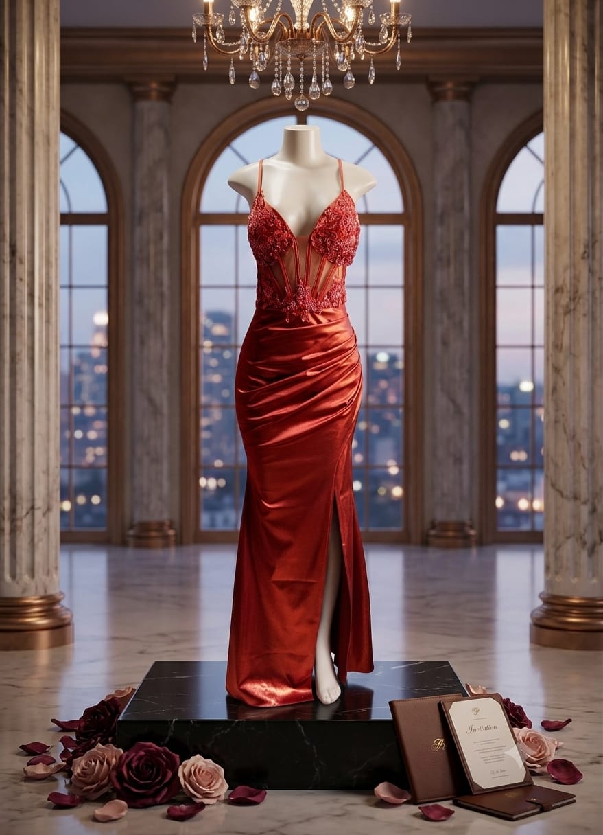 Vestido de gala en tono terracota satinado